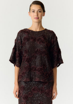 Y.A.S Elysia Fabric Flower Sequin Top, Brown