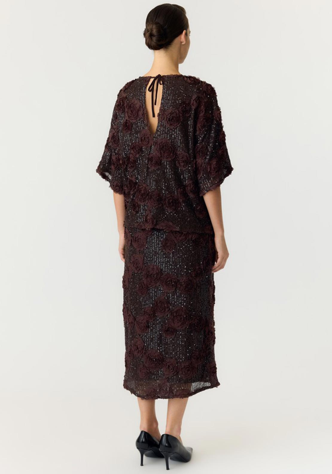 Y.A.S Elysia Fabric Flower Sequin Top, Brown
