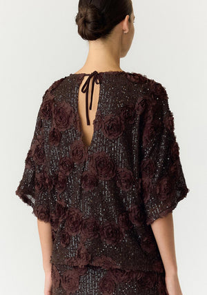Y.A.S Elysia Fabric Flower Sequin Top, Brown