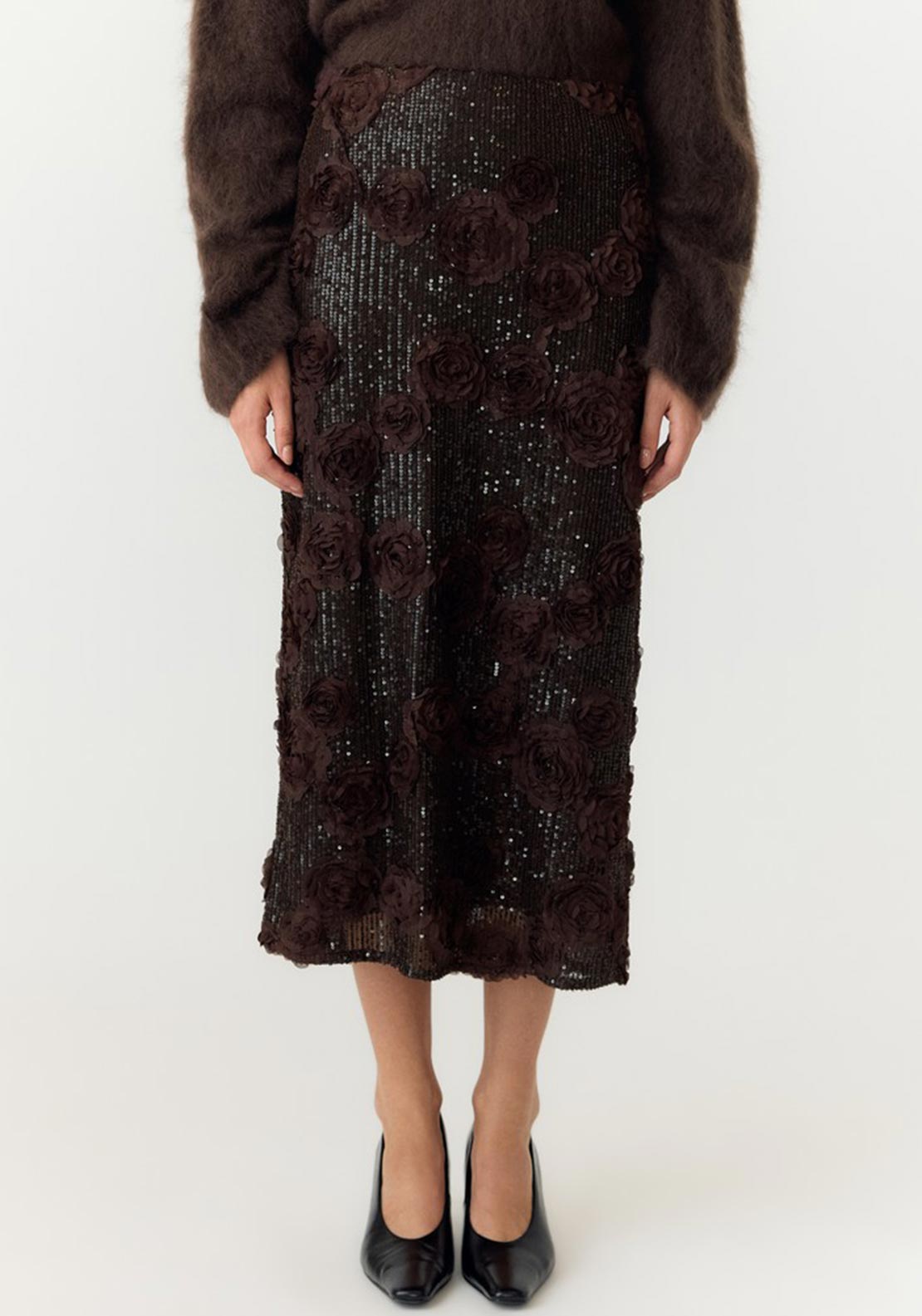 Y.A.S Elysia Fabric Flower Sequin Skirt, Brown