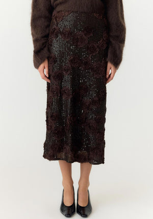 Y.A.S Elysia Fabric Flower Sequin Skirt, Brown