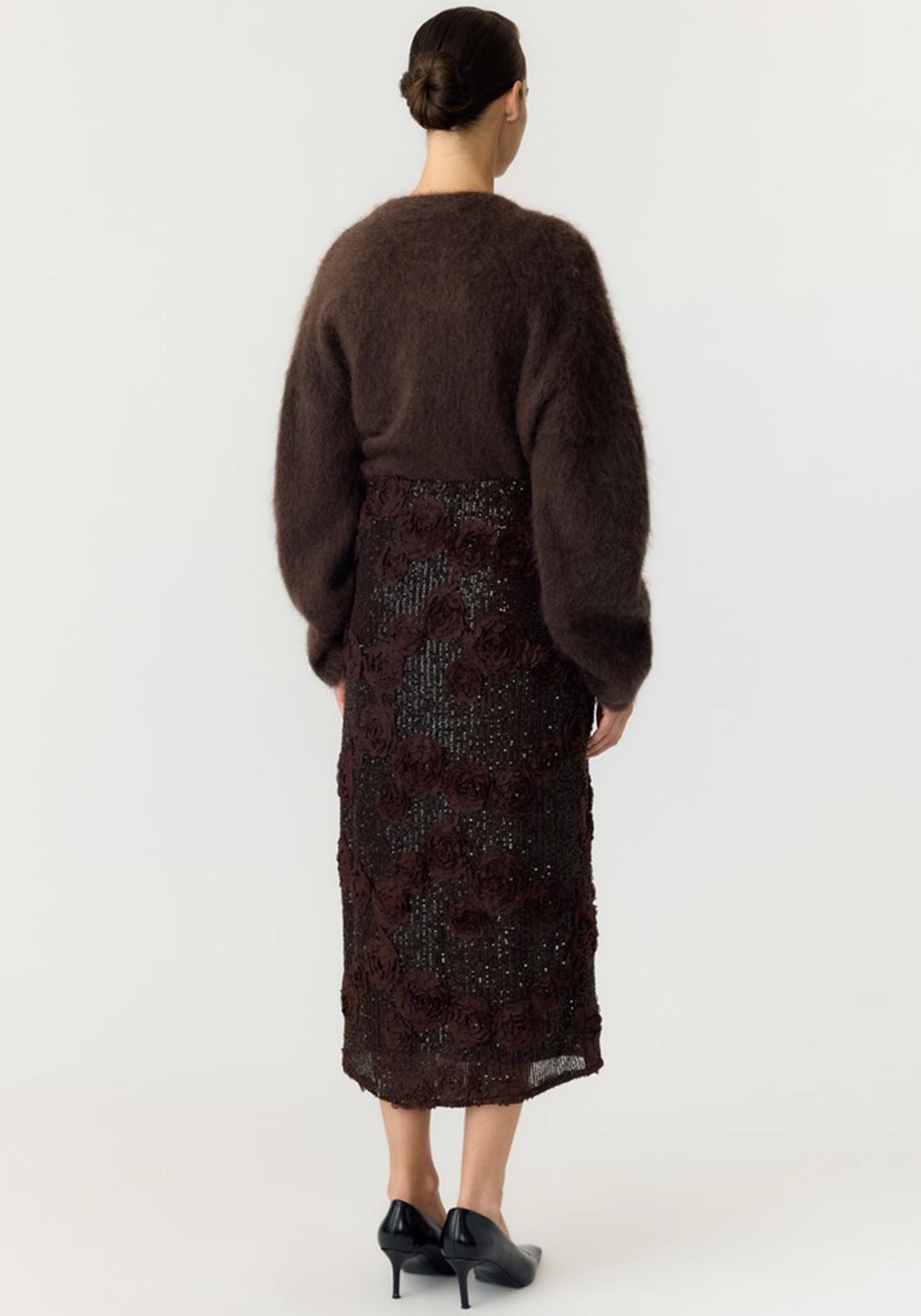Y.A.S Elysia Fabric Flower Sequin Skirt, Brown