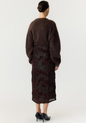 Y.A.S Elysia Fabric Flower Sequin Skirt, Brown