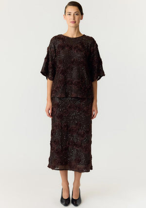 Y.A.S Elysia Fabric Flower Sequin Skirt, Brown