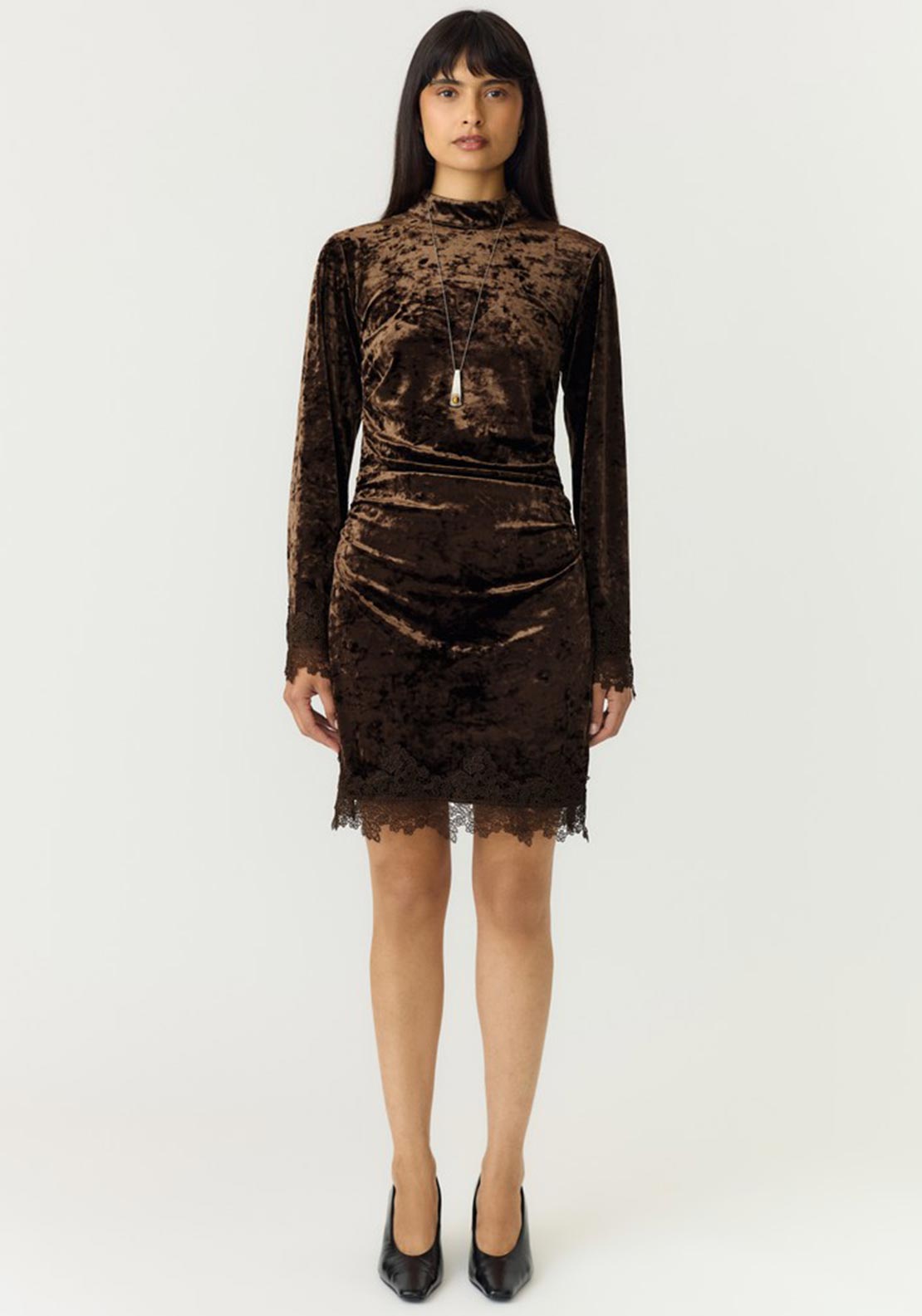 Y.A.S Vellia Velvet Lace Trim Mini Dress, Brown