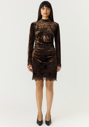 Y.A.S Vellia Velvet Lace Trim Mini Dress, Brown