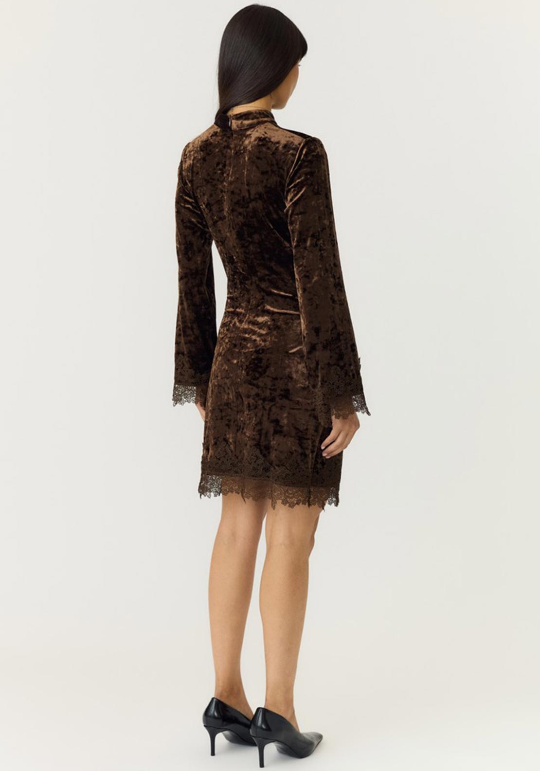 Y.A.S Vellia Velvet Lace Trim Mini Dress, Brown