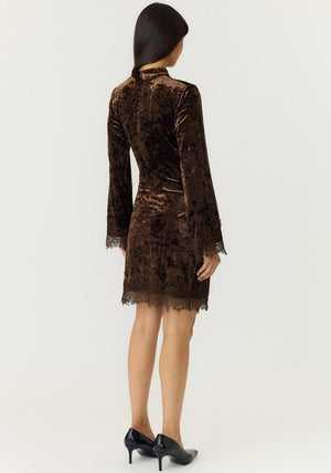 Y.A.S Vellia Velvet Lace Trim Mini Dress, Brown