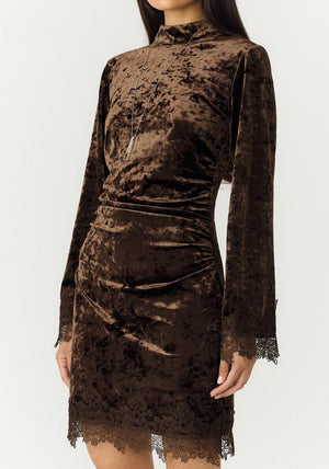 Y.A.S Vellia Velvet Lace Trim Mini Dress, Brown
