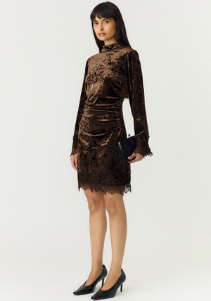 Y.A.S Vellia Velvet Lace Trim Mini Dress, Brown