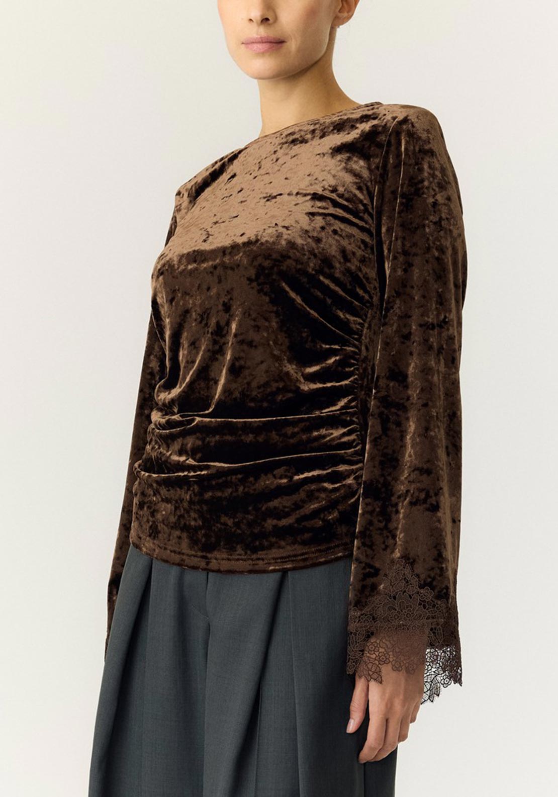 Y.A.S Vellia Velvet Lace Trim Top, Brown