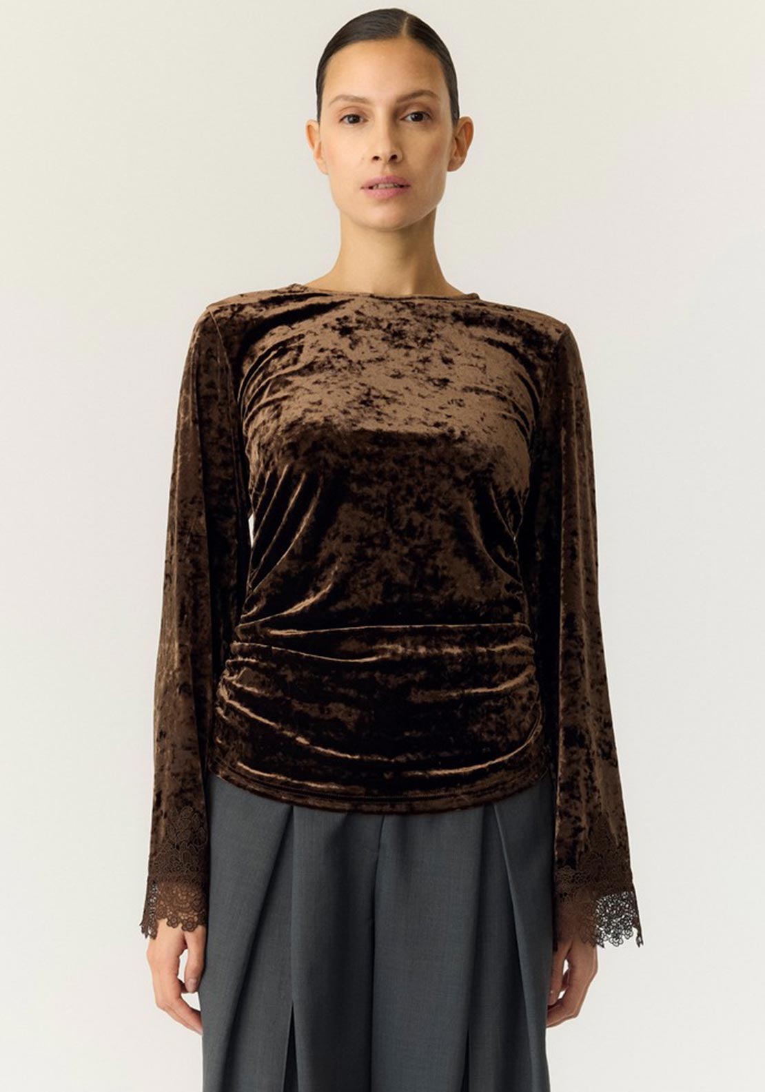 Y.A.S Vellia Velvet Lace Trim Top, Brown