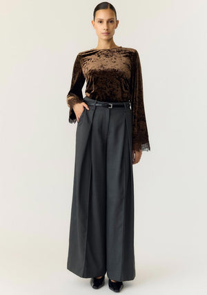 Y.A.S Vellia Velvet Lace Trim Top, Brown