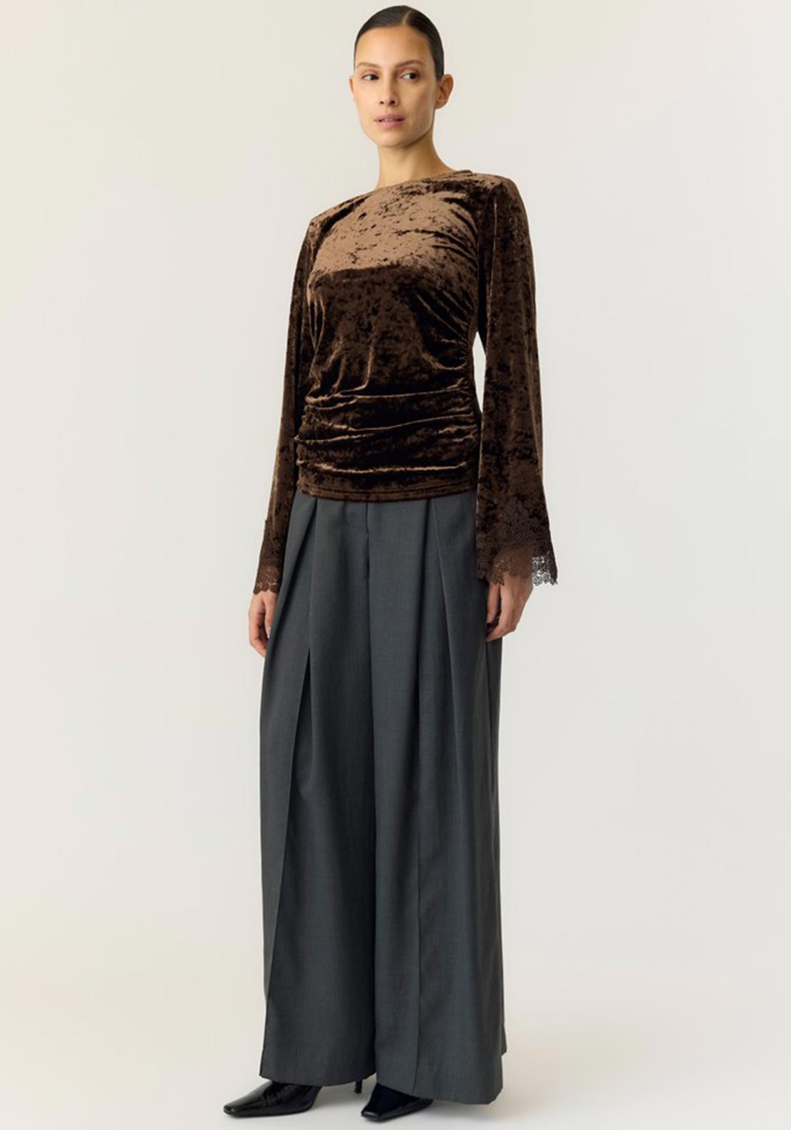 Y.A.S Vellia Velvet Lace Trim Top, Brown
