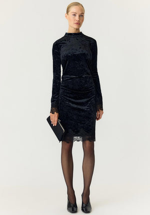 Y.A.S Vellia Velvet Lace Trim Mini Dress, Black
