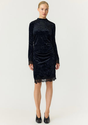 Y.A.S Vellia Velvet Lace Trim Mini Dress, Black