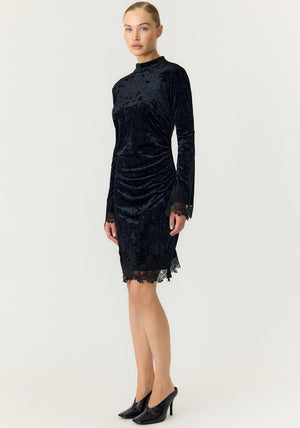 Y.A.S Vellia Velvet Lace Trim Mini Dress, Black
