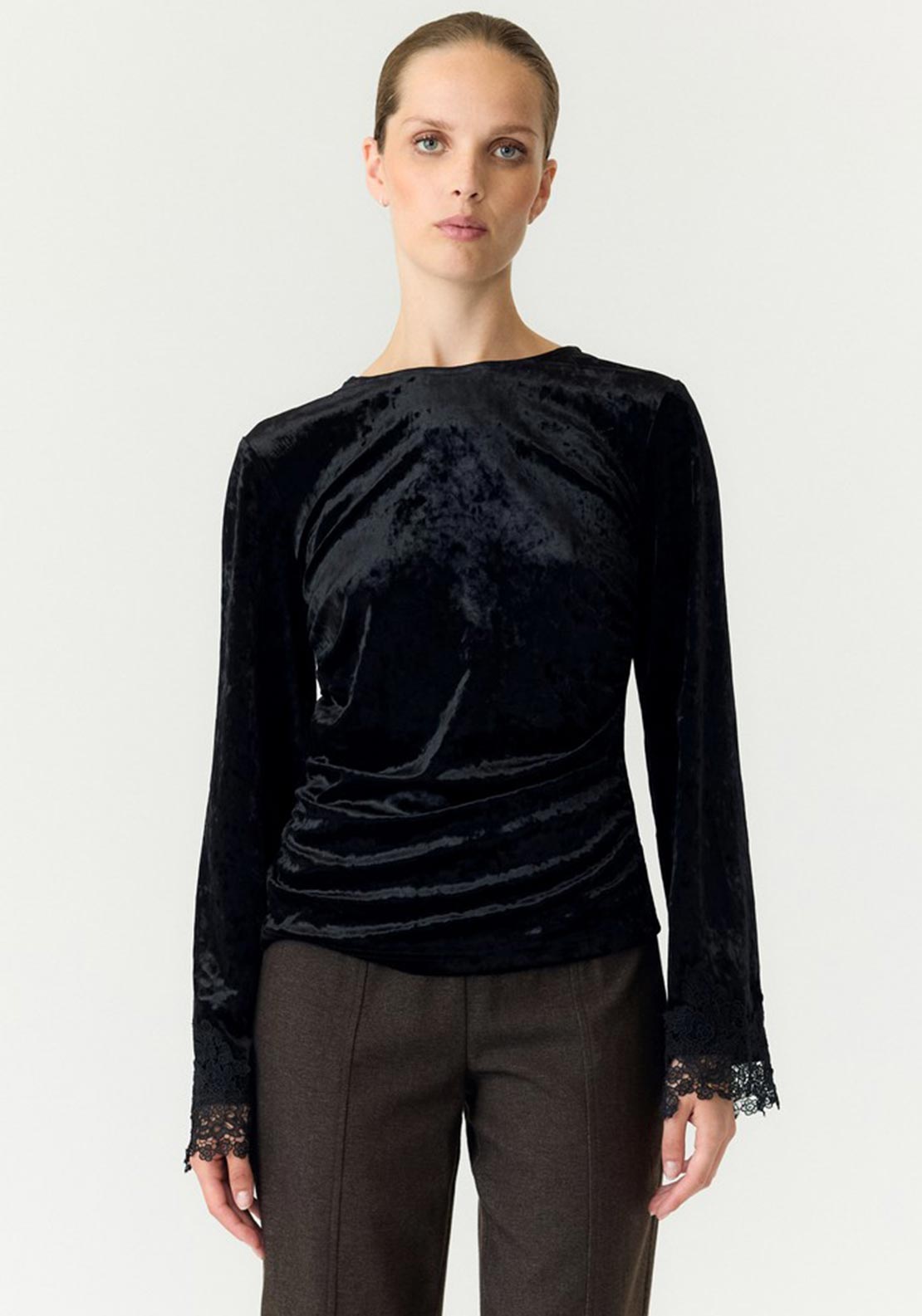 Y.A.S Vellia Velvet Lace Trim Top, Black