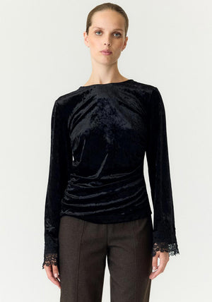 Y.A.S Vellia Velvet Lace Trim Top, Black