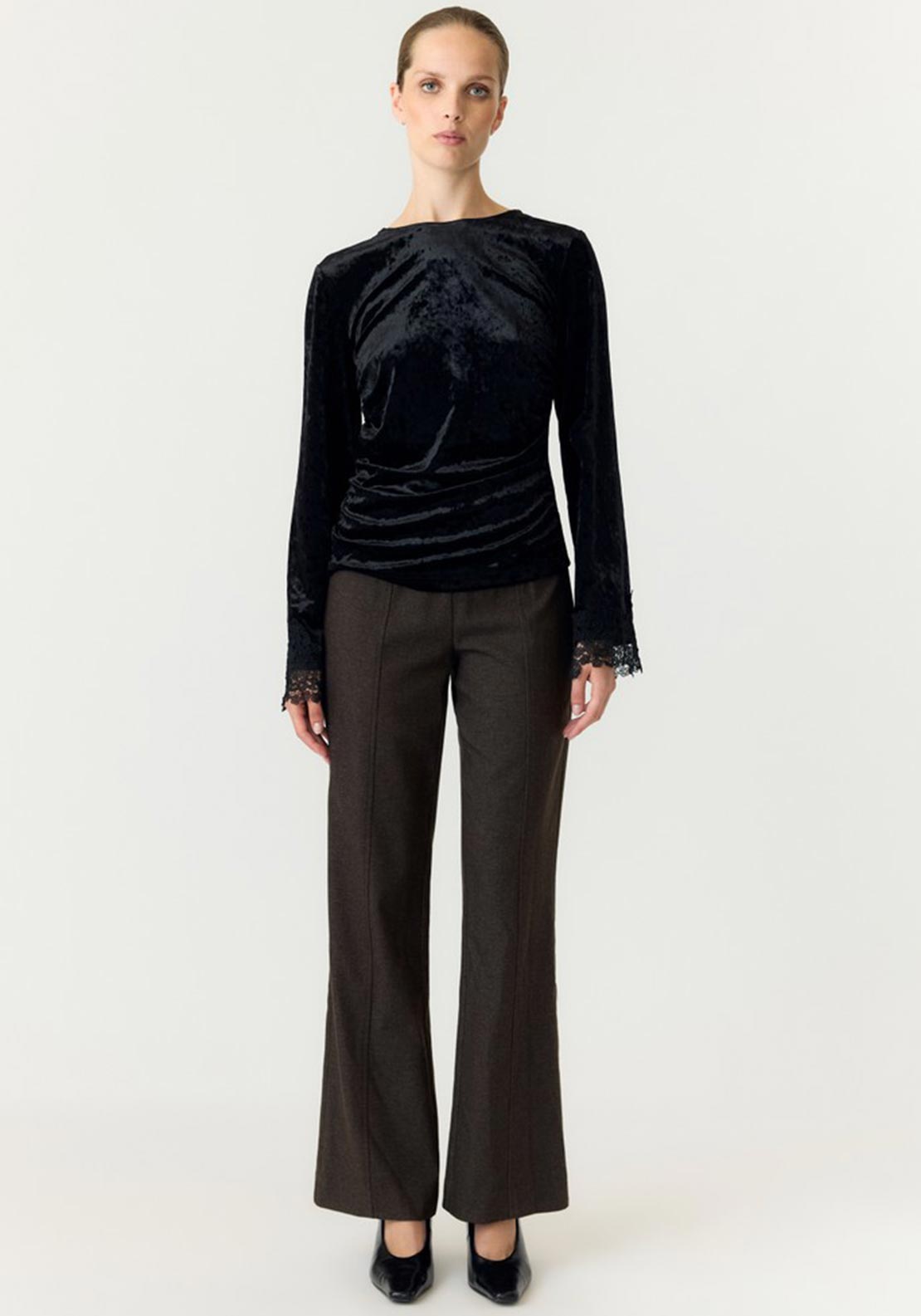 Y.A.S Vellia Velvet Lace Trim Top, Black