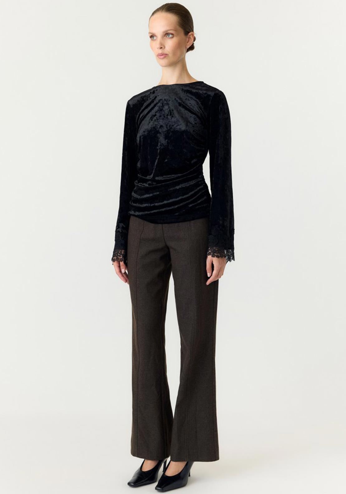 Y.A.S Vellia Velvet Lace Trim Top, Black