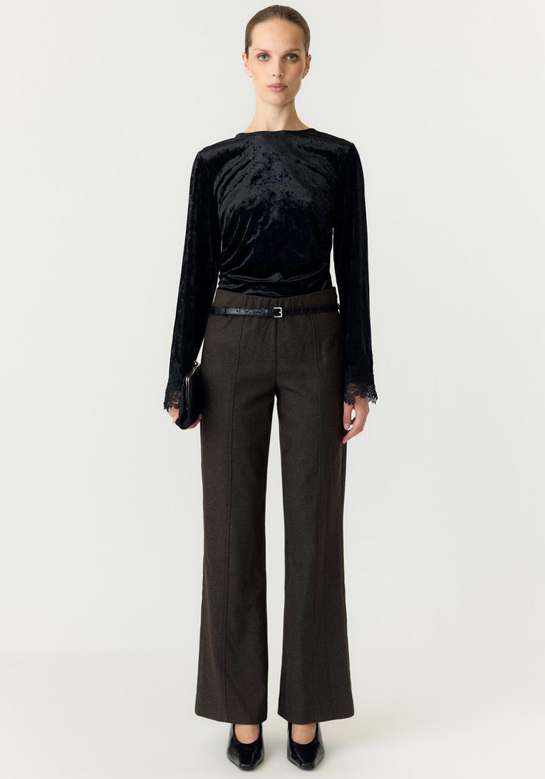 Y.A.S Vellia Velvet Lace Trim Top, Black