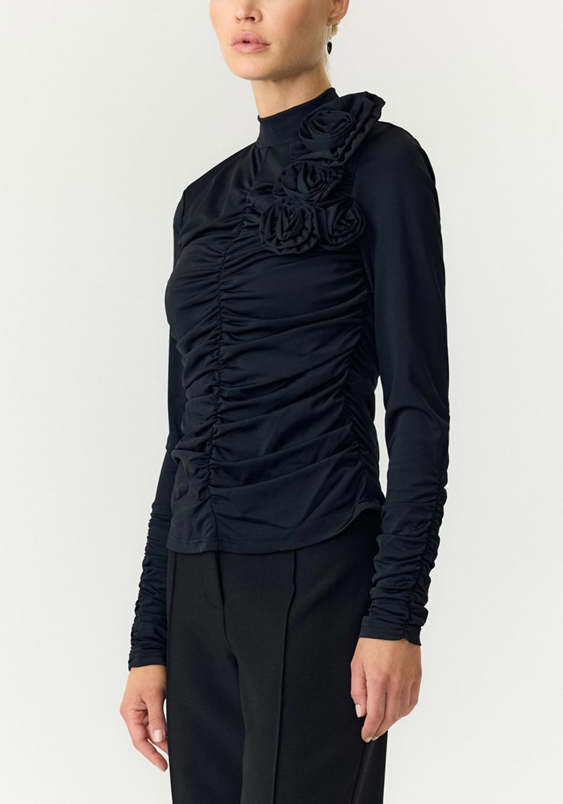 Y.A.S Dona Corsage Ruched Top, Black