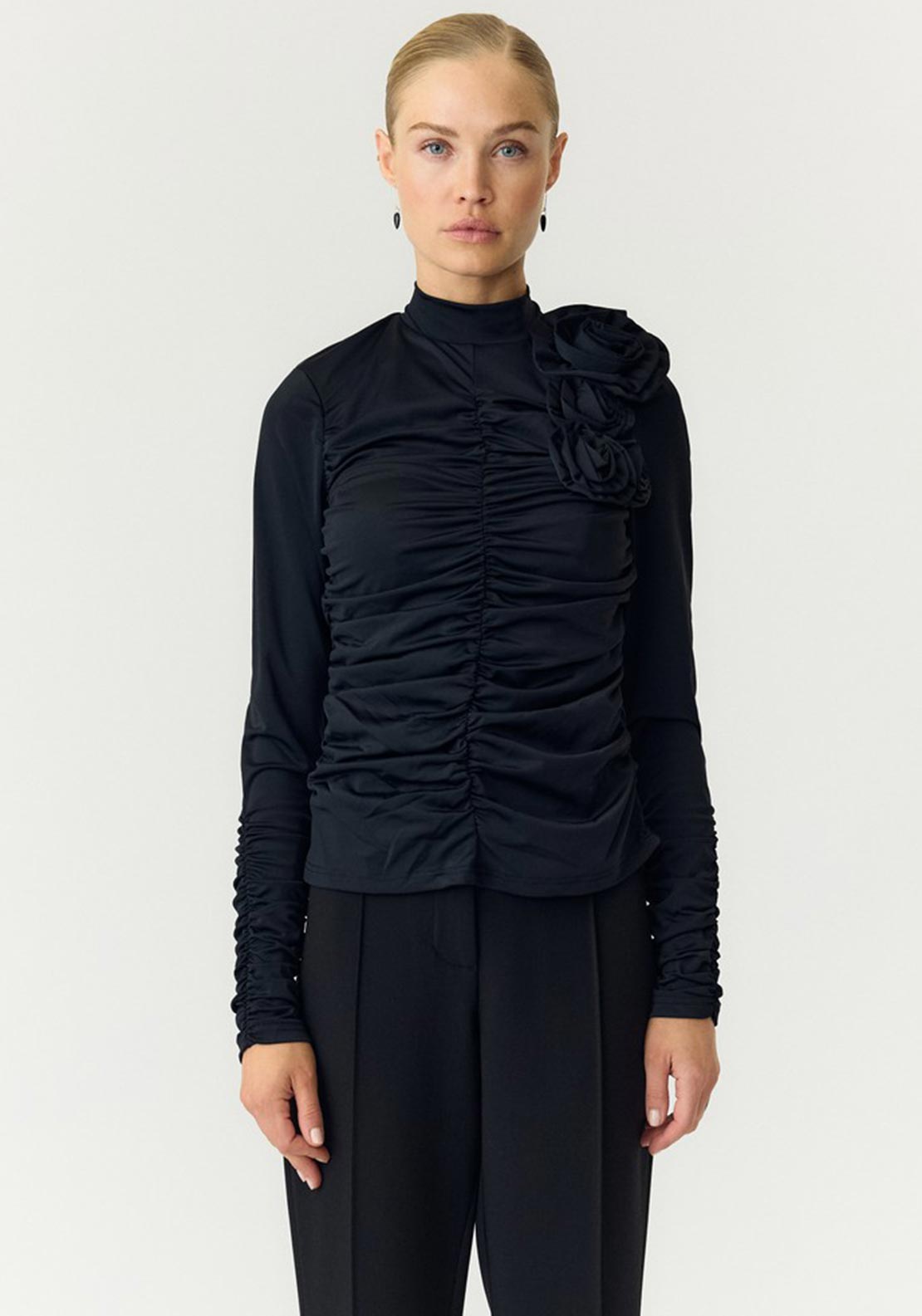 Y.A.S Dona Corsage Ruched Top, Black