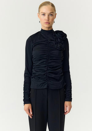 Y.A.S Dona Corsage Ruched Top, Black