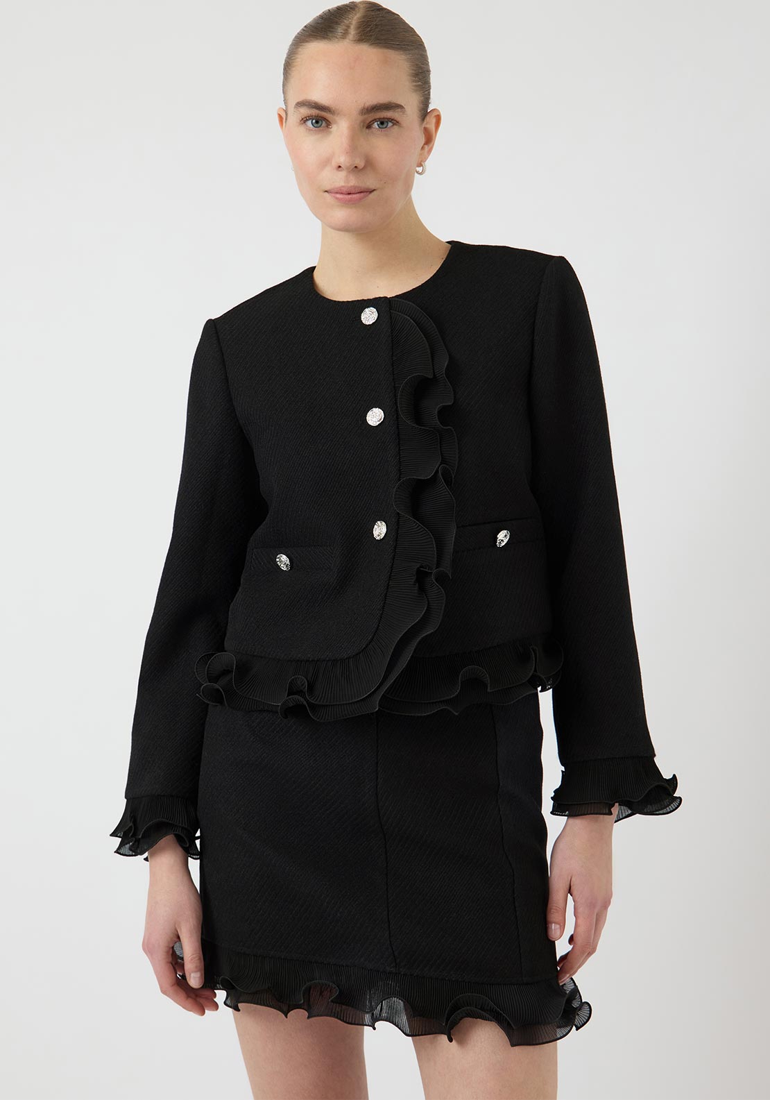 Y.A.S Frino Frill Detail Cropped Jacket, Black - McElhinneys
