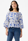 Y.A.S Billie Three Quarter Sleeve Leaf Printed Top, Star White & Blue