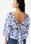 Y.A.S Billie Three Quarter Sleeve Leaf Printed Top, Star White & Blue