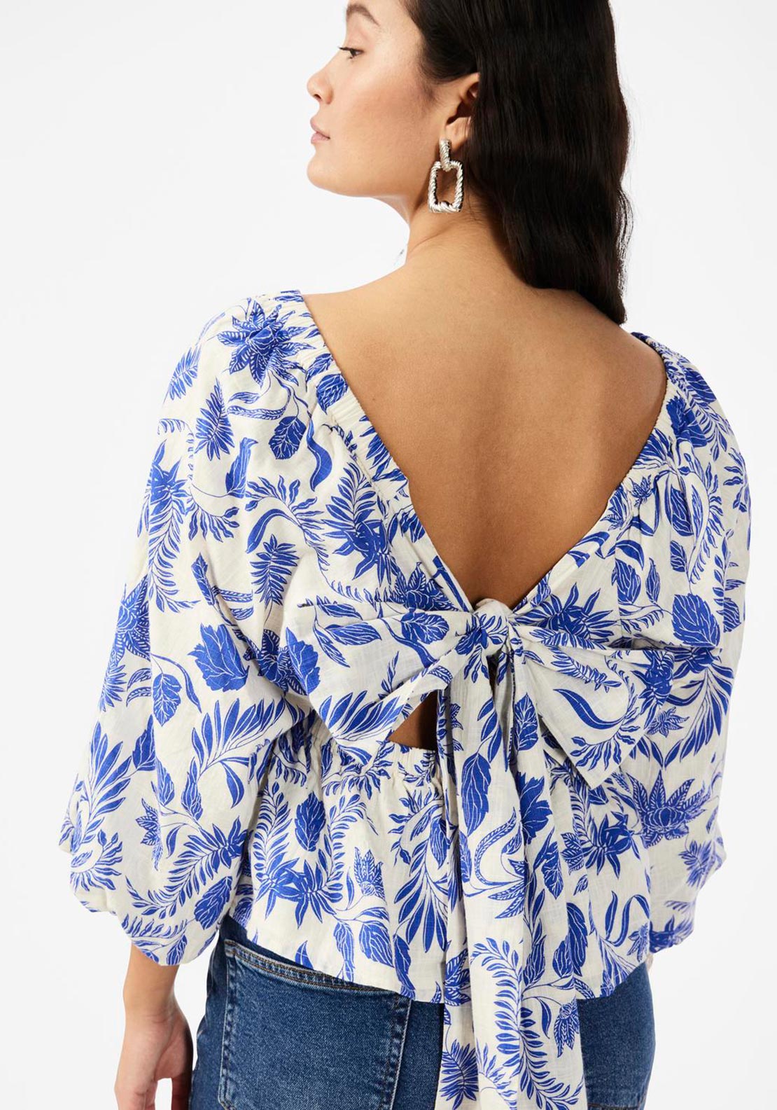 Y.A.S Billie Three Quarter Sleeve Leaf Printed Top, Star White & Blue