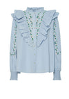 Y.A.S Kennie Embroidered Flower Frill Shirt, Blue