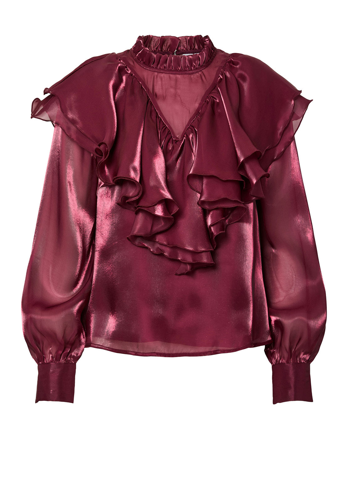 Y.A.S Eloise Shiny Ruffle Top, Wine - McElhinneys