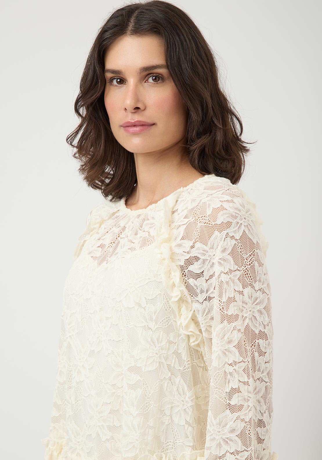 Y.A.S Tukka Lace Frill Sleeve Mini Dress, Cream - McElhinneys