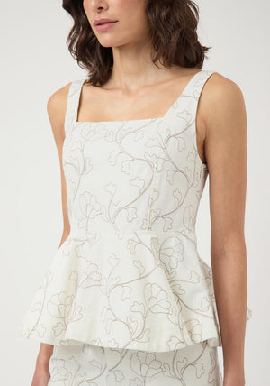Y.A.S Bluma Embroidered Denim Peplum Top, White