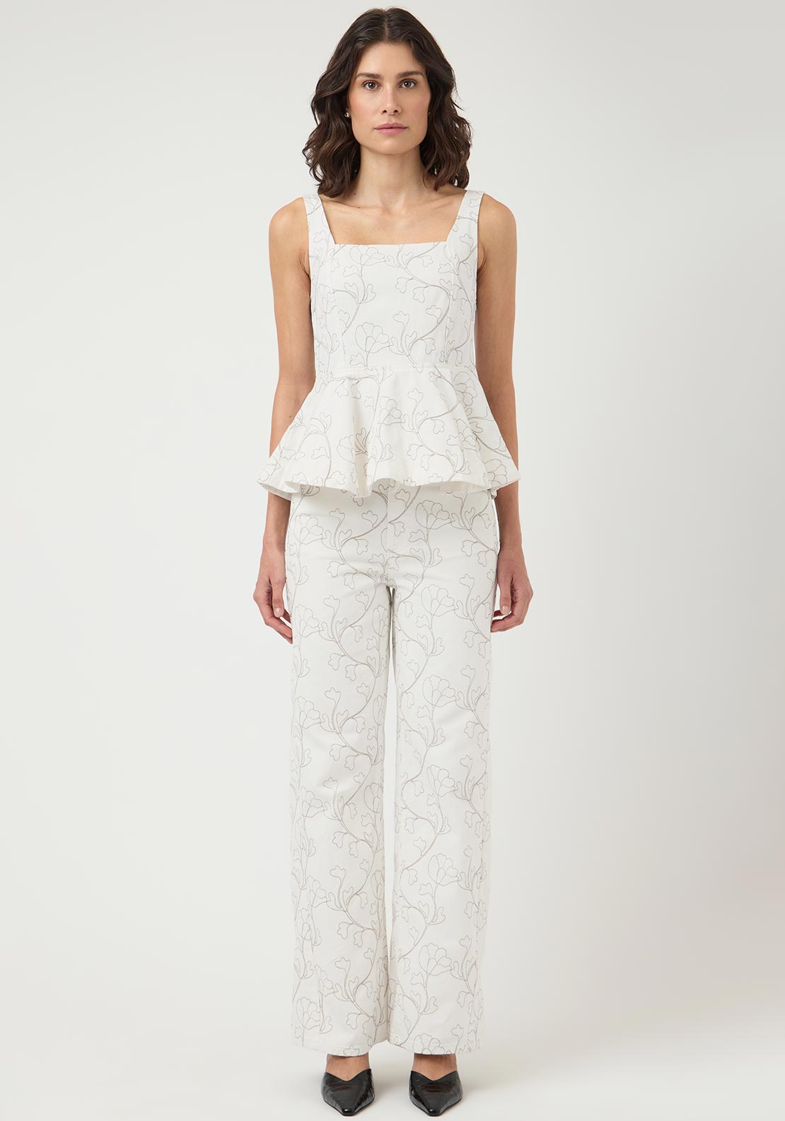 Y.A.S Bluma Embroidered Denim Peplum Top, White