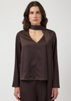 YAS Ella Scarf Detail V Neck Blouse, Chocolate Brown