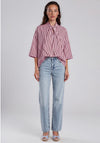 Yas Karen Striped Bow Short Sleeve Blouse, Purple