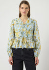 YAS Floral Print Tie Front Blouse, Blue