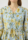 YAS Floral Print Tie Front Blouse, Blue