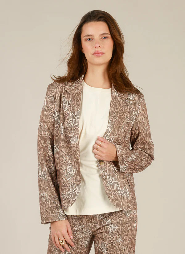 Yest Animal Print Faux Pocket Blazer, Beige