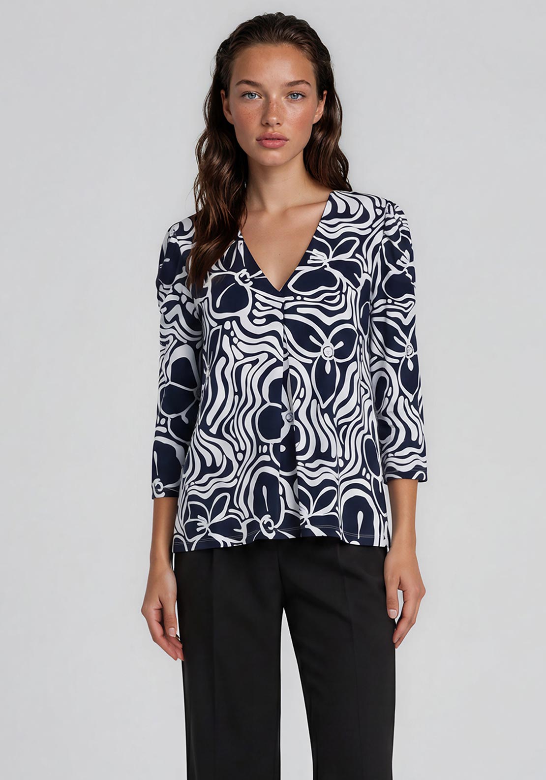 Yest Geometric Print V-Neck Top, Navy