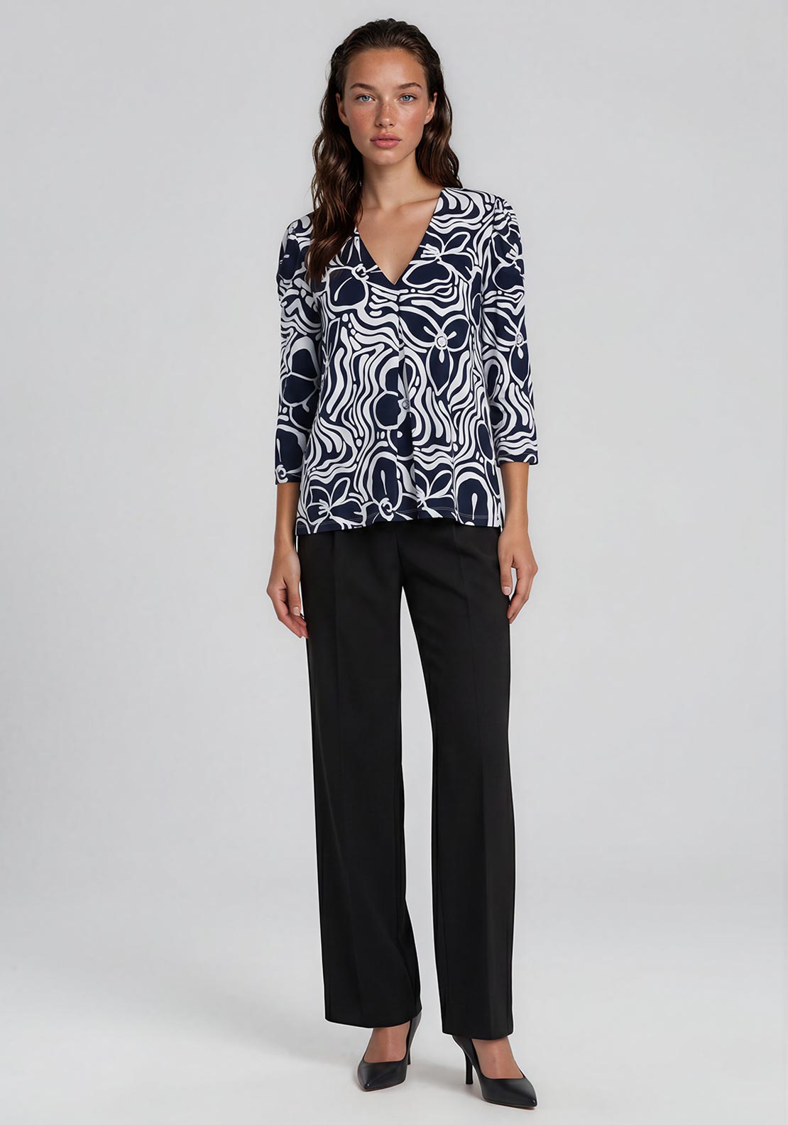 Yest Geometric Print V-Neck Top, Navy
