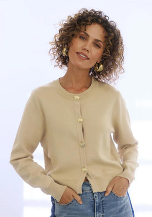 Yest Izzy Button Up Round Neck Cardigan, Beige