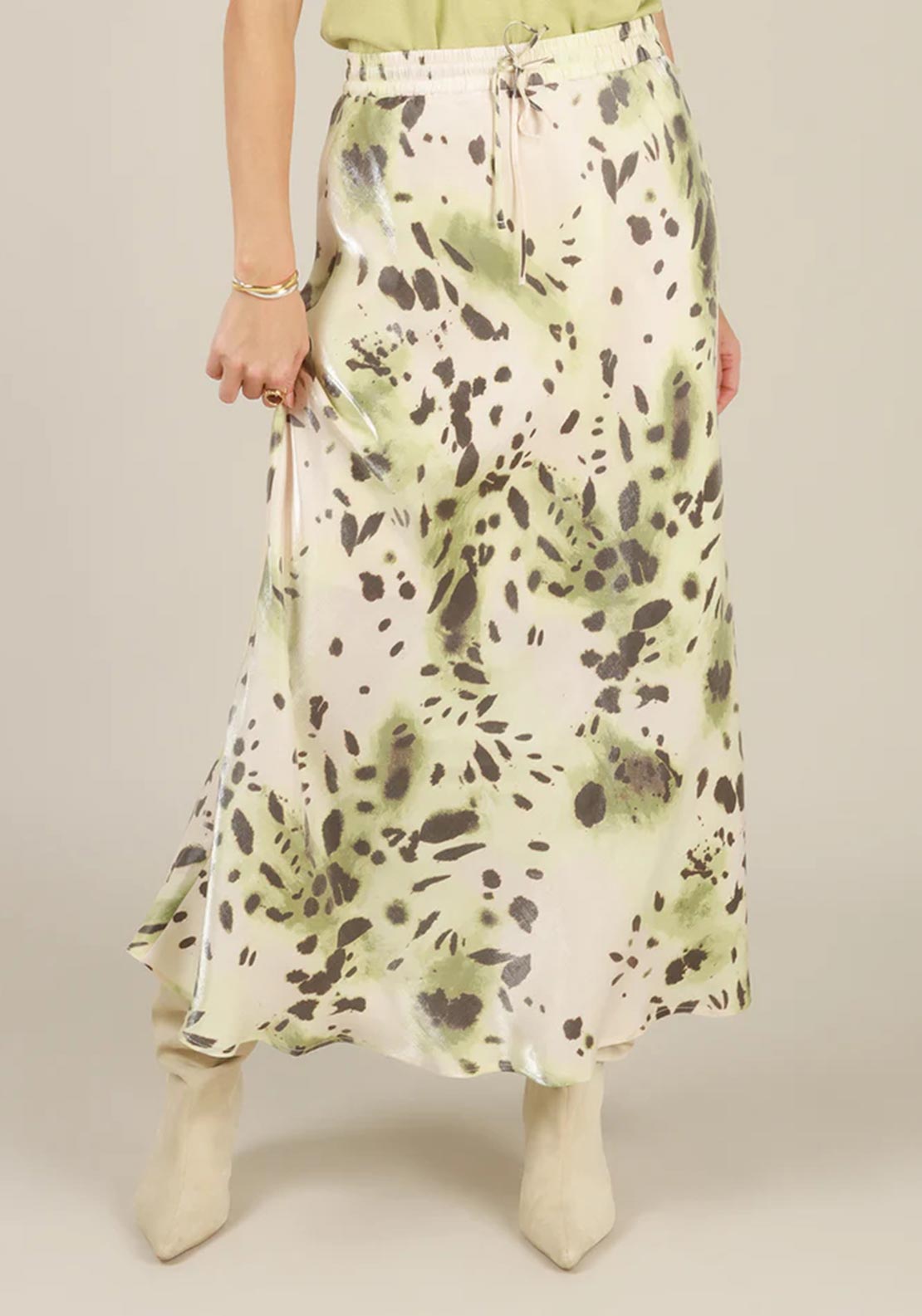 Yest Isha Drawstring Animal Print Midi Skirt, Green Multi