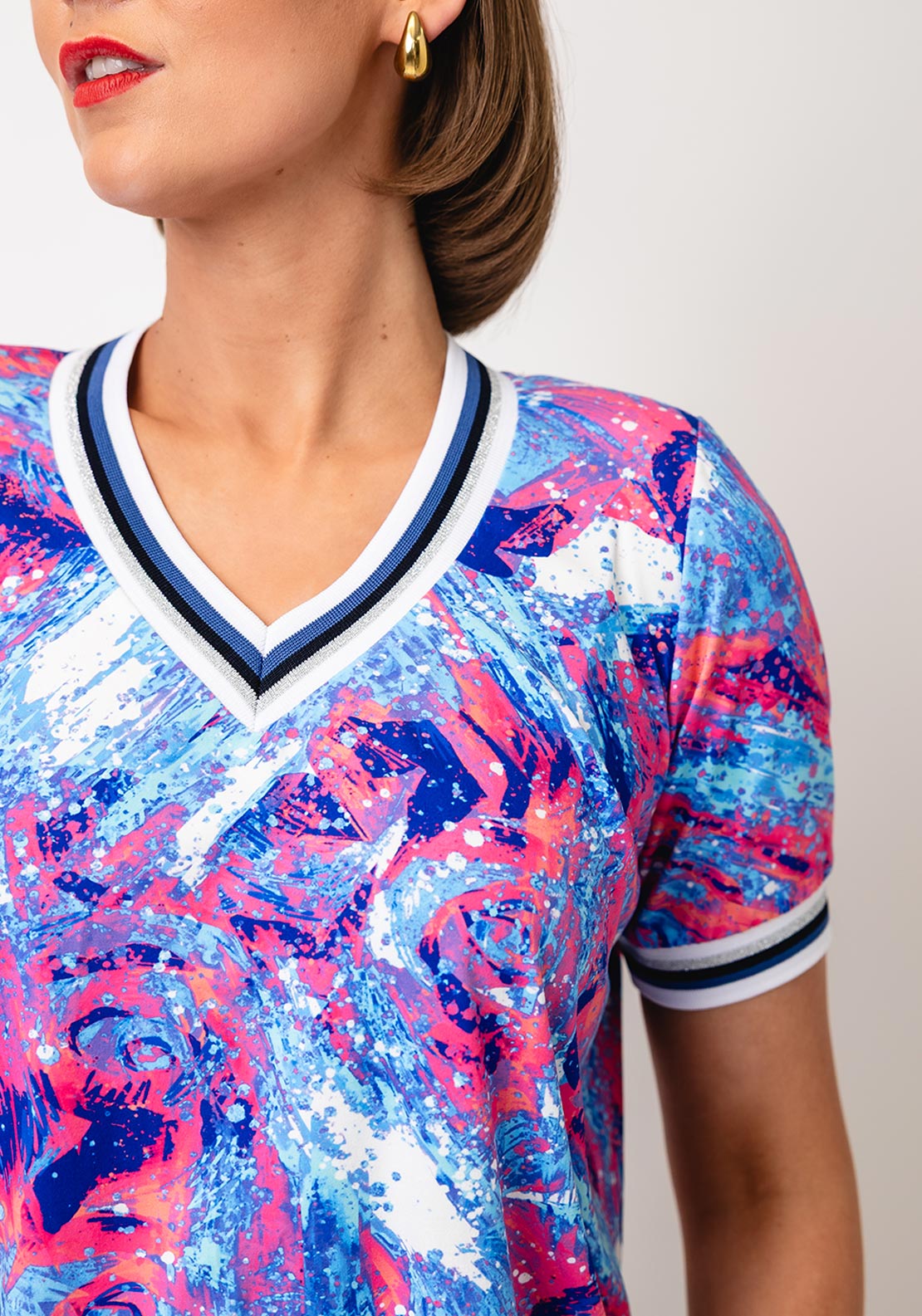 Yew V Neck Marble Print Top, Blue Multi