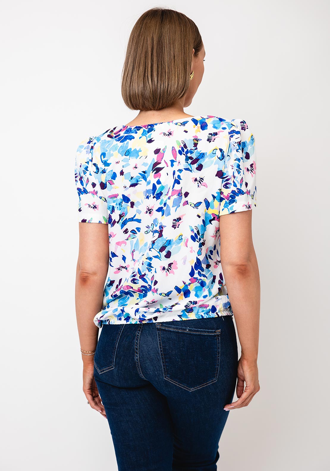 Yew Abstract Print V Neck Top, Blue Multi