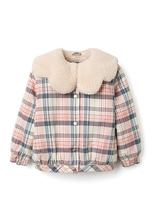 Zippy Girl Checked Jacket With Sherpa Collar, Multi